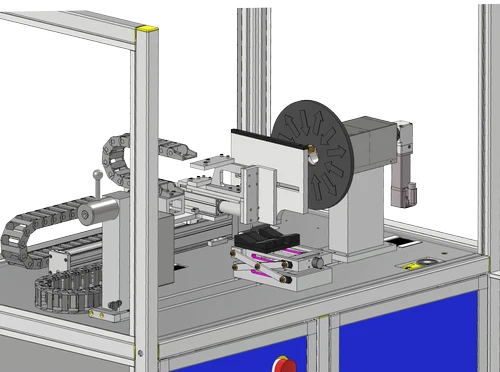 CAD-Ansicht eines Prüfstands mit einem Sensor-Array vor einem Axialflussrotor.