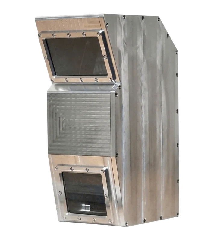Finished aluminium enclosure with two bolted inspection windows.